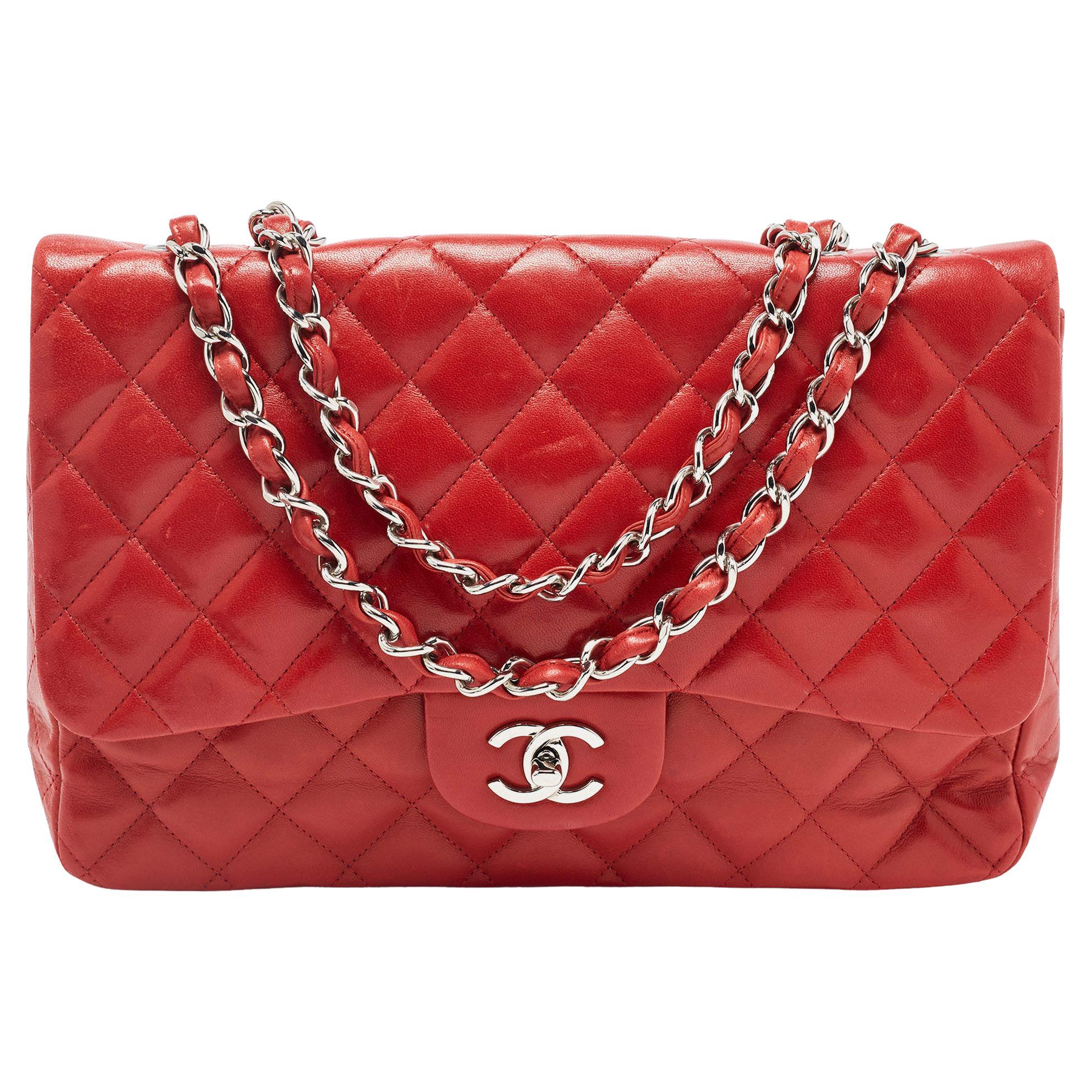 Chanel Red Quilted Leather Jumbo Classic Double Flap Bag For Sale