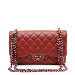 Chanel Red Quilted Lambskin Classic Jumbo Double Flap Bag Silver Hardware
