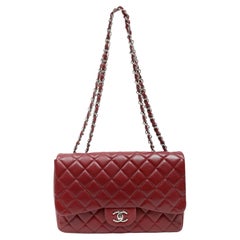 Chanel Red Quilted Lambskin Classic Jumbo Double Flap Bag Silver Hardware