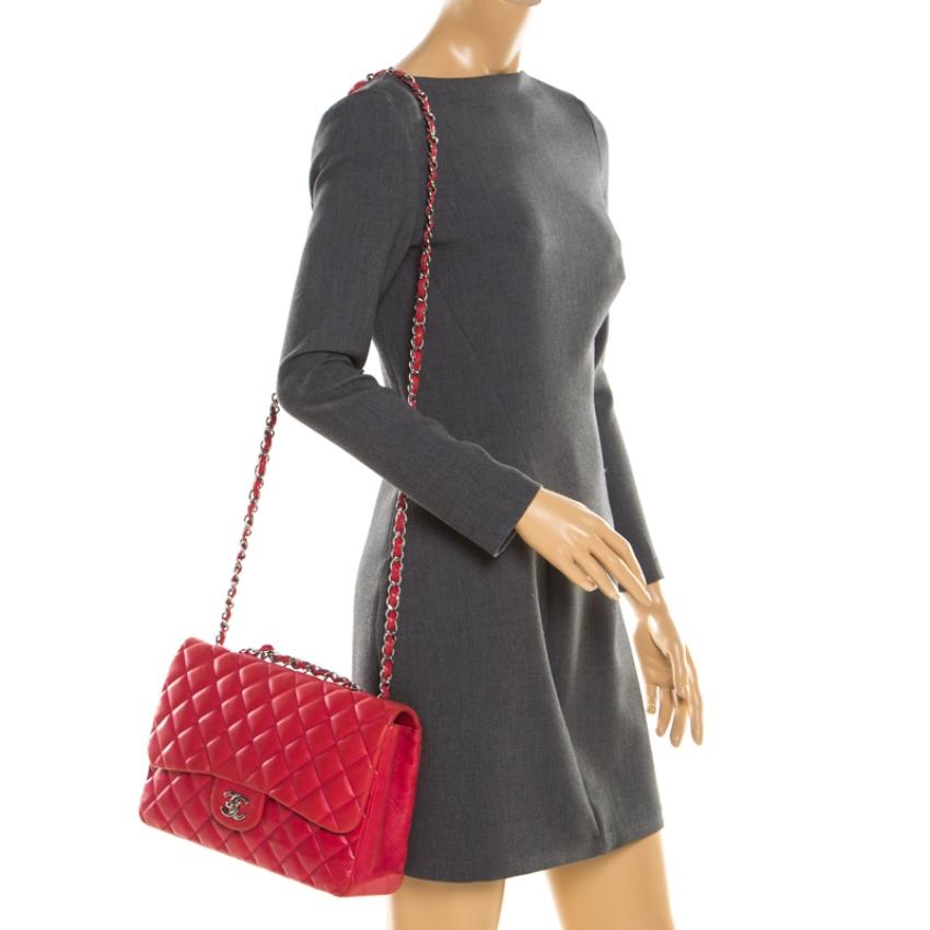 Chanel Red Quilted Leather Jumbo Classic Single Flap Bag In Fair Condition In Dubai, Al Qouz 2