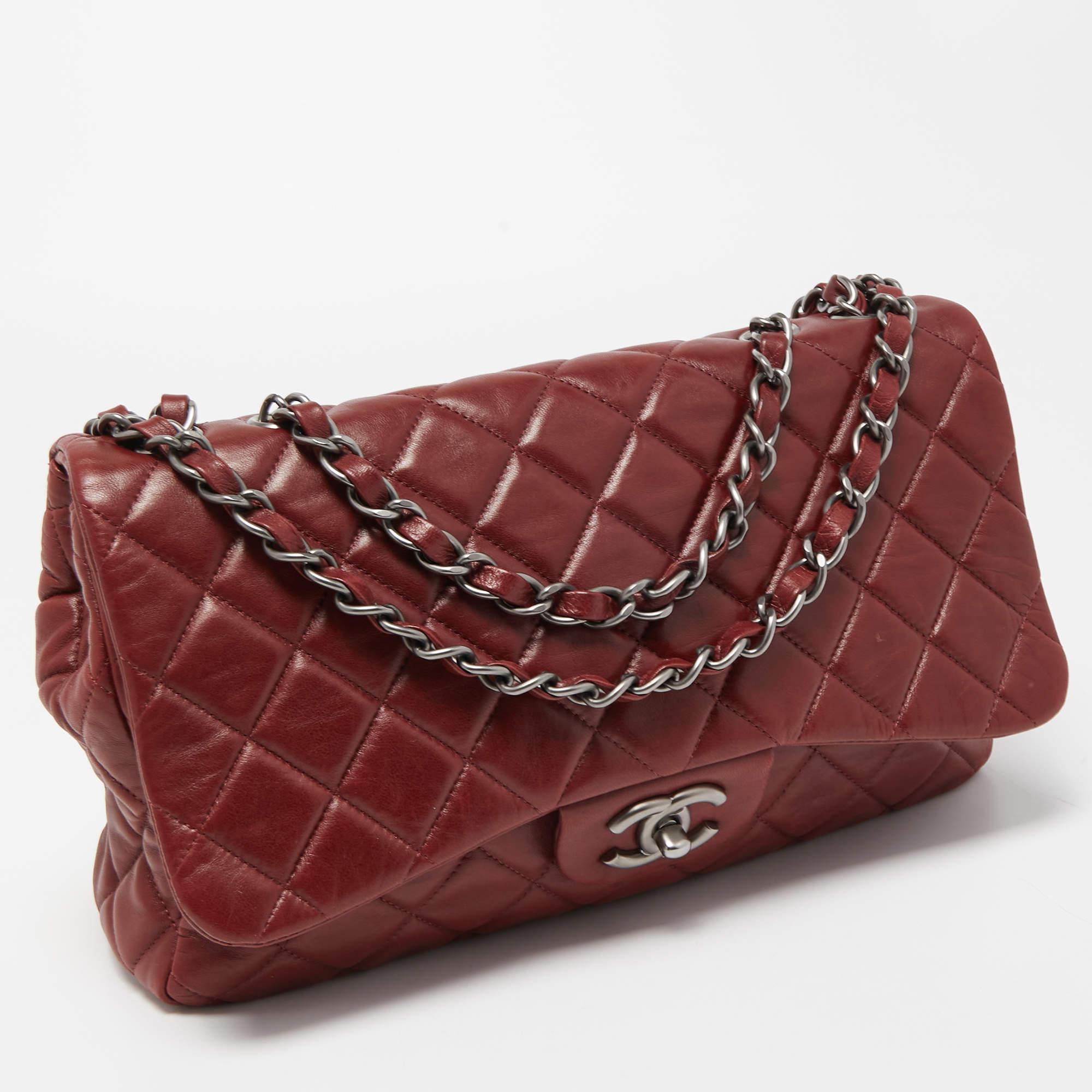 Brown Chanel Red Quilted Leather Jumbo Classic Single Flap Bag For Sale