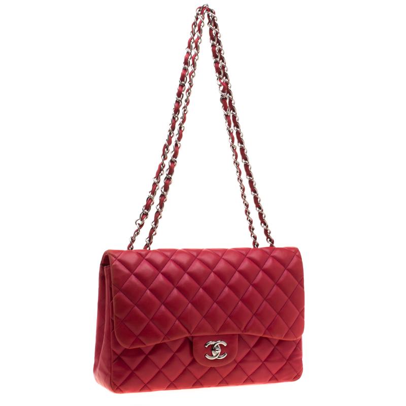 Women's Chanel Red Quilted Leather Jumbo Classic Single Flap Bag