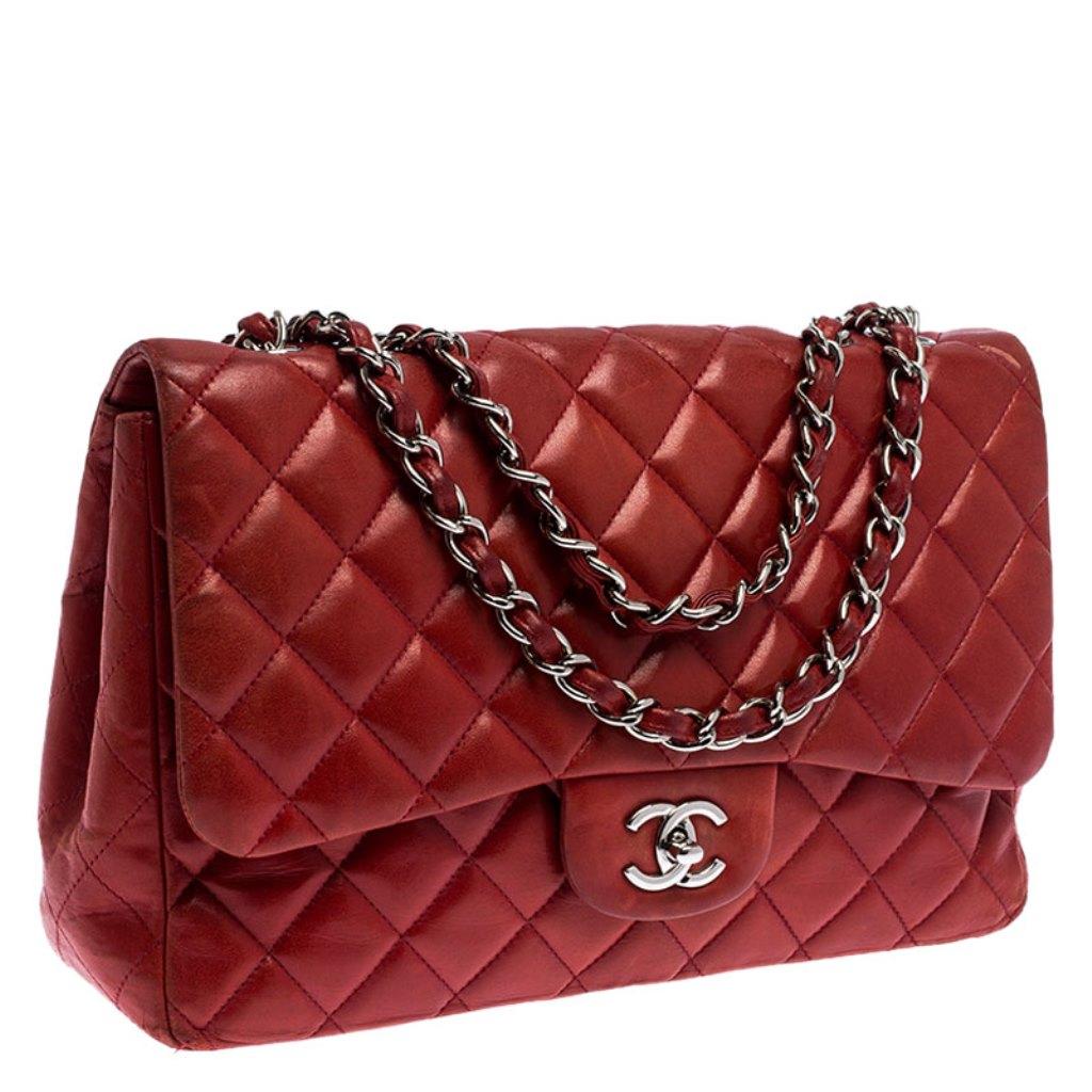 Women's Chanel Red Quilted Leather Jumbo Classic Single Flap Bag