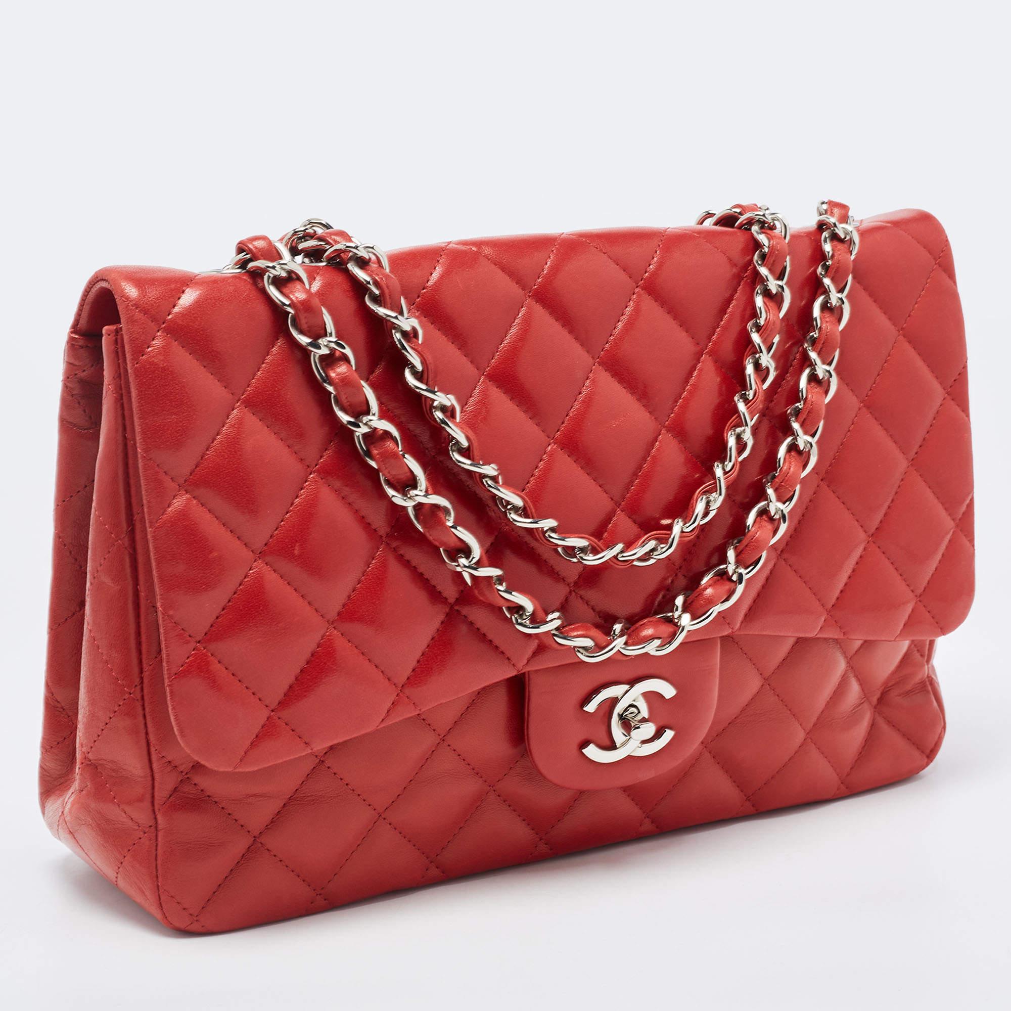 Women's Chanel Red Quilted Leather Jumbo Classic Single Flap Bag