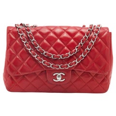 Rote gesteppte Jumbo Classic Single Flap Tasche aus Leder