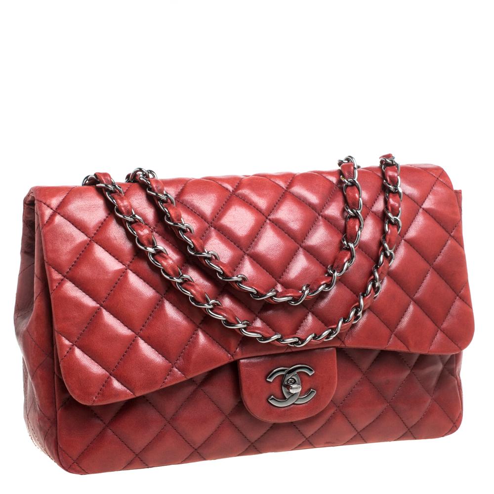 Chanel Red Quilted Leather Jumbo Classic Single Flap Shoulder Bag In Good Condition In Dubai, Al Qouz 2