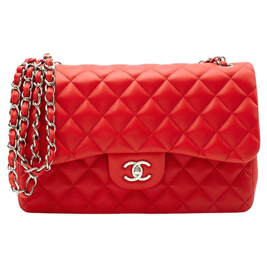 Chanel Red Quilted Leather Jumbo Double Flap Bag  For Sale