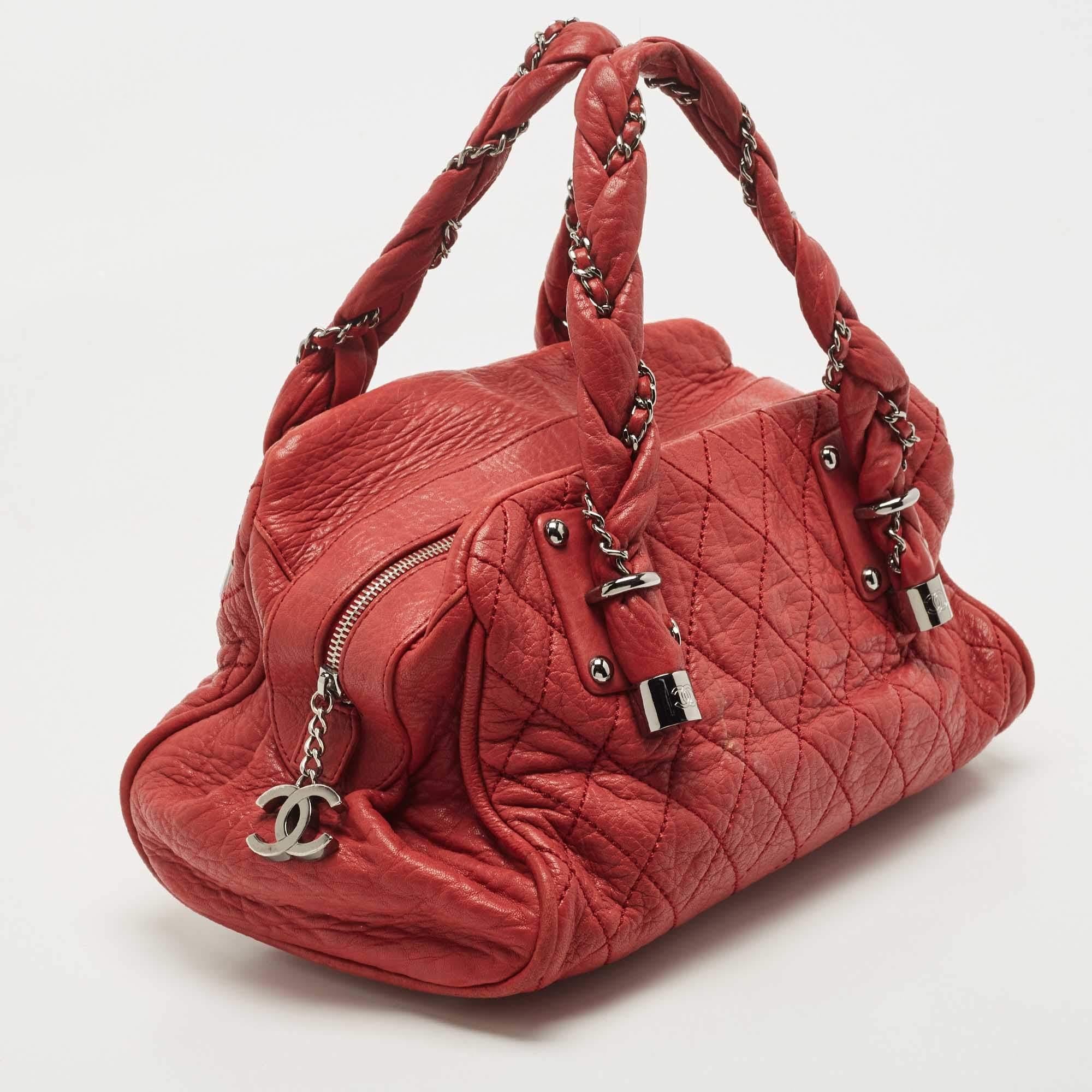 Women's Chanel Red Quilted Leather Lady Braid Bowler Bag