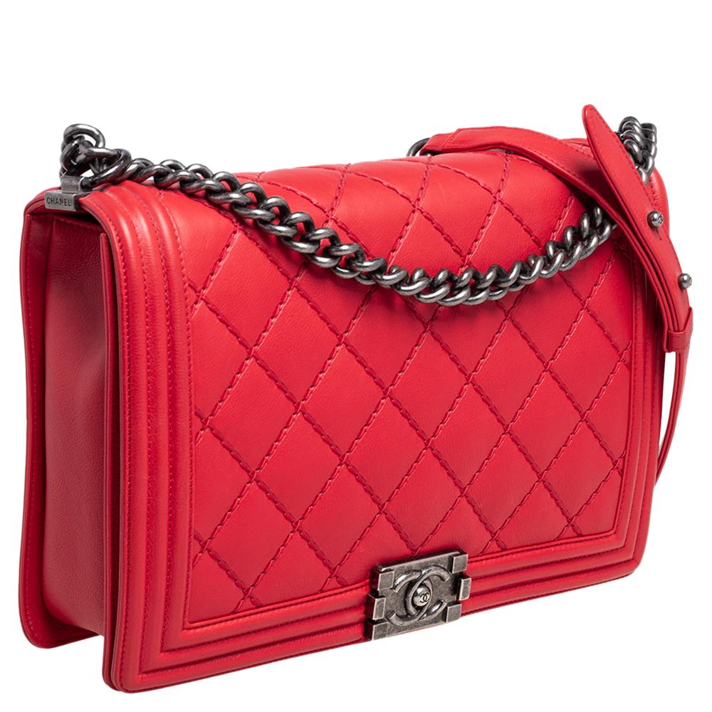 Chanel Red Quilted Leather Large Boy Bag In Good Condition In Dubai, Al Qouz 2