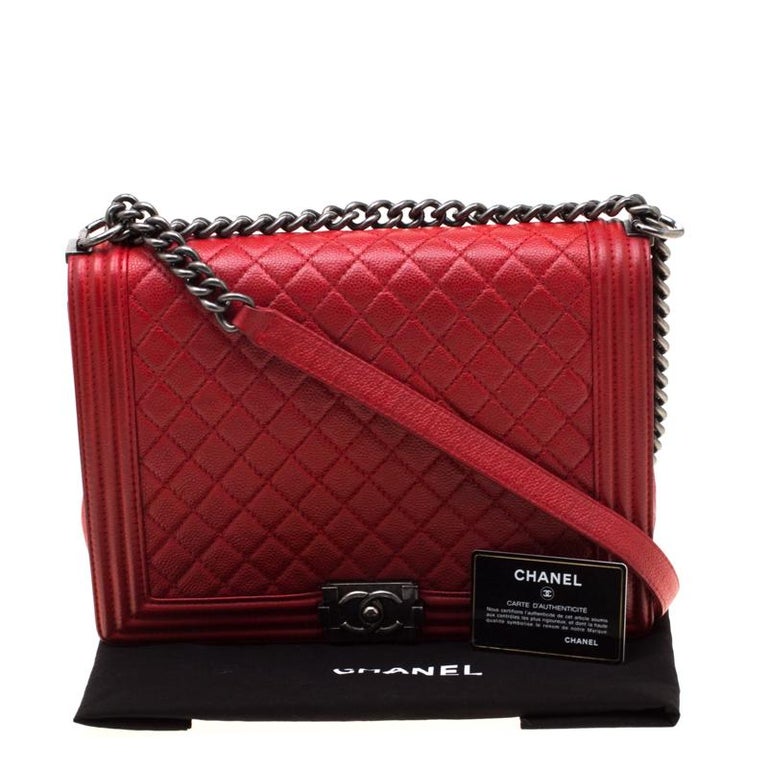 CHANEL Red Quilted Calfskin Leather CC Boy Chained Two Way Small Tote Bag
