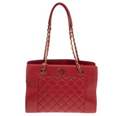 Chanel Red Quilted Leather Mademoiselle Vintage Shopping Tote