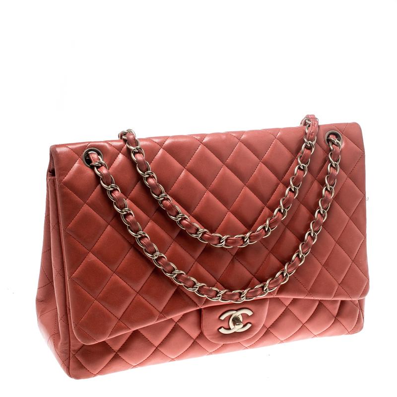 Chanel Red Quilted Leather Maxi Classic Single Flap Bag In Good Condition In Dubai, Al Qouz 2