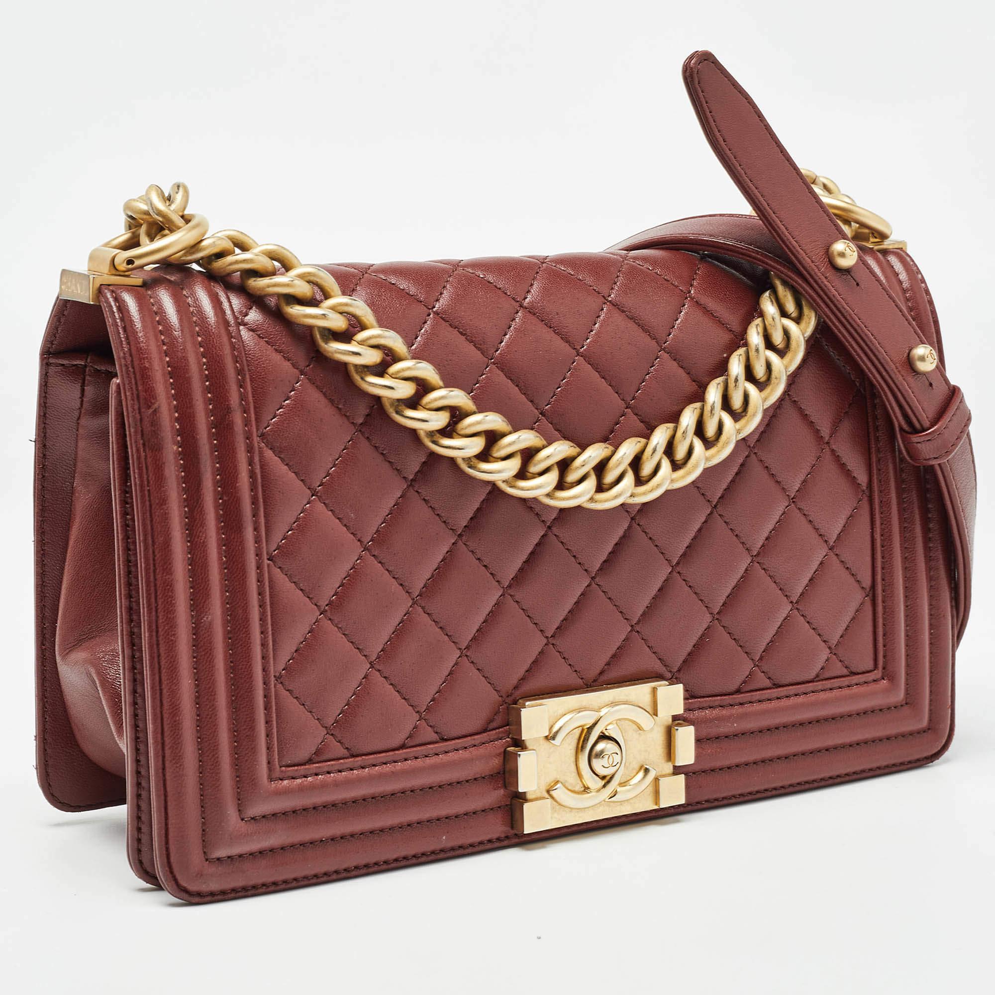 Brown Chanel Red Quilted Leather Medium Boy Flap Bag For Sale