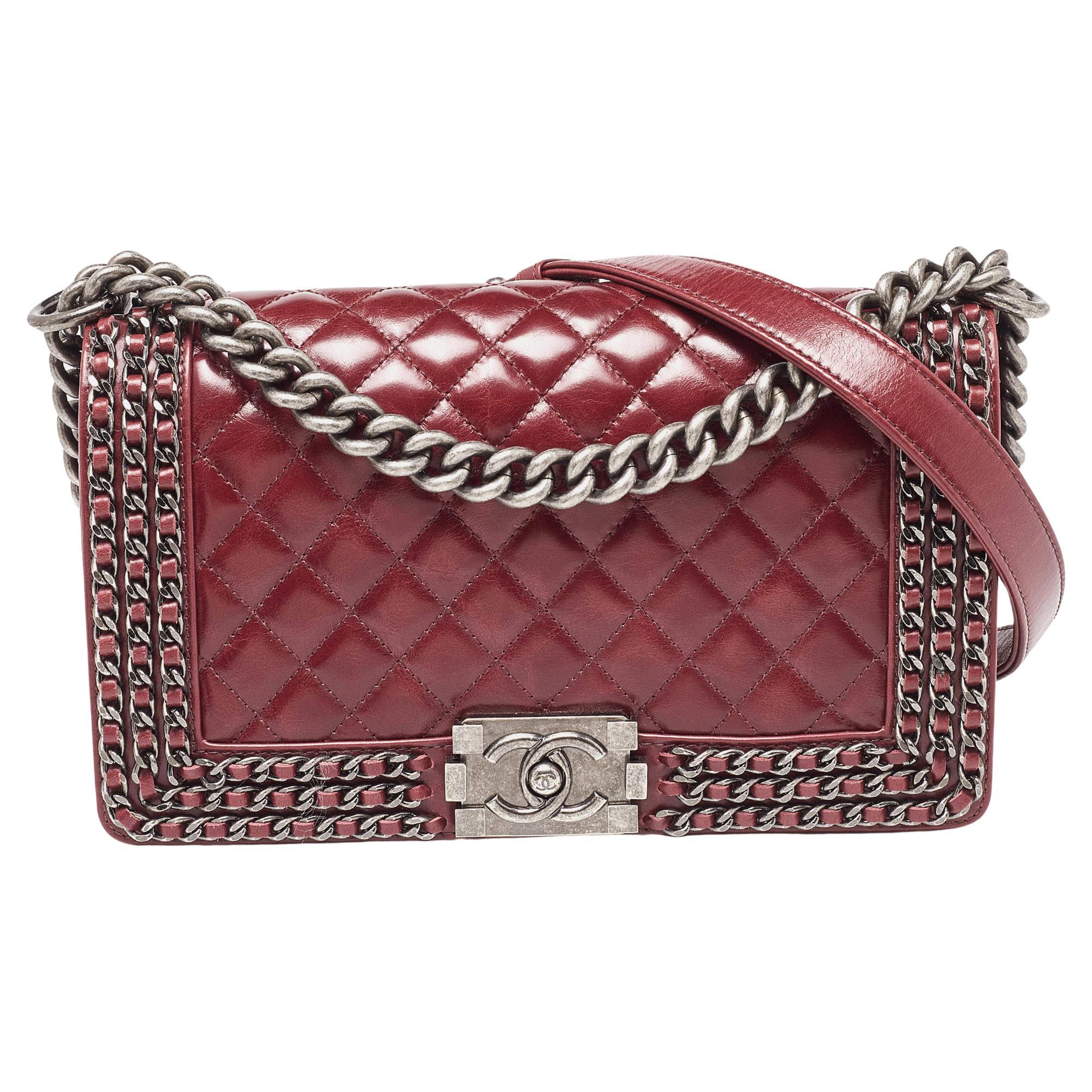 Chanel Red Quilted Leather Medium Interlaced Chained Boy Flap Bag For Sale
