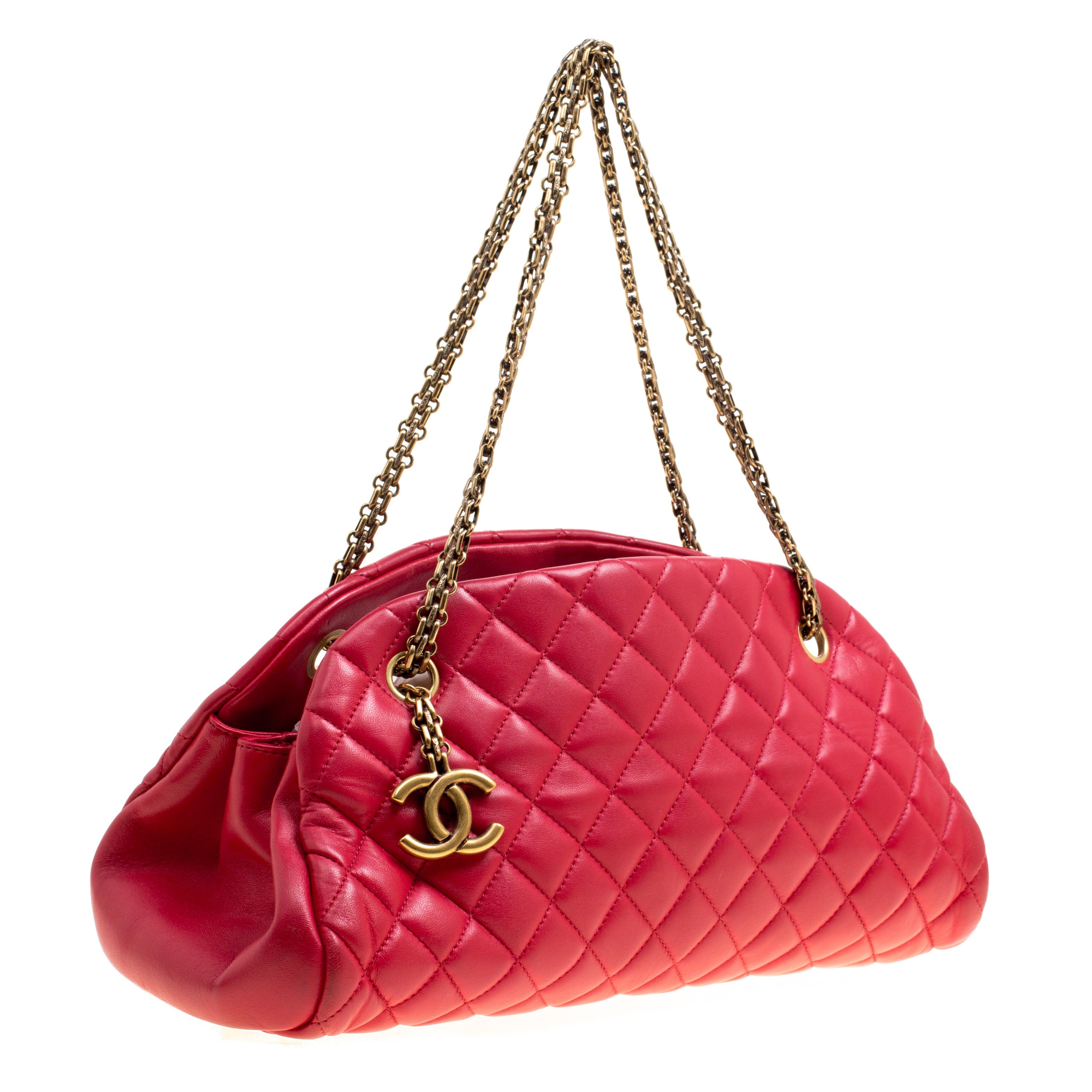 Chanel Red Quilted Leather Medium Just Mademoiselle Bowling Bag In Good Condition In Dubai, Al Qouz 2