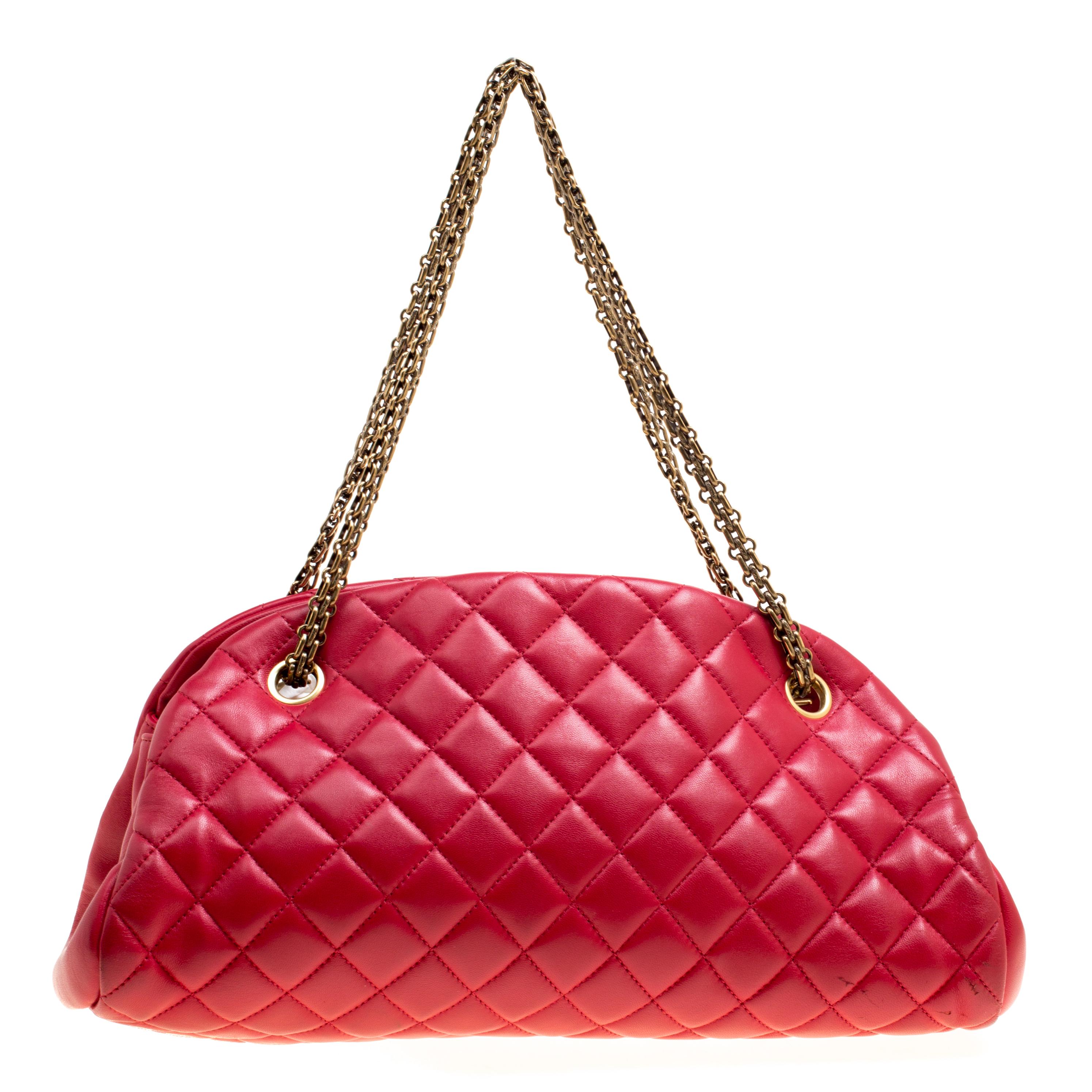 Women's Chanel Red Quilted Leather Medium Just Mademoiselle Bowling Bag