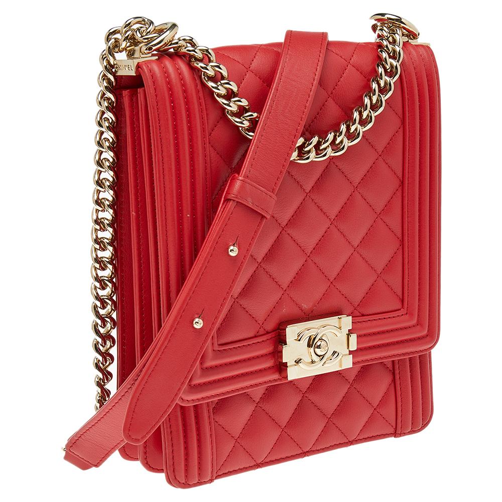 Women's Chanel Red Quilted Leather North South Boy Shoulder Bag