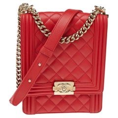 Chanel Red Quilted Leather North South Boy Shoulder Bag