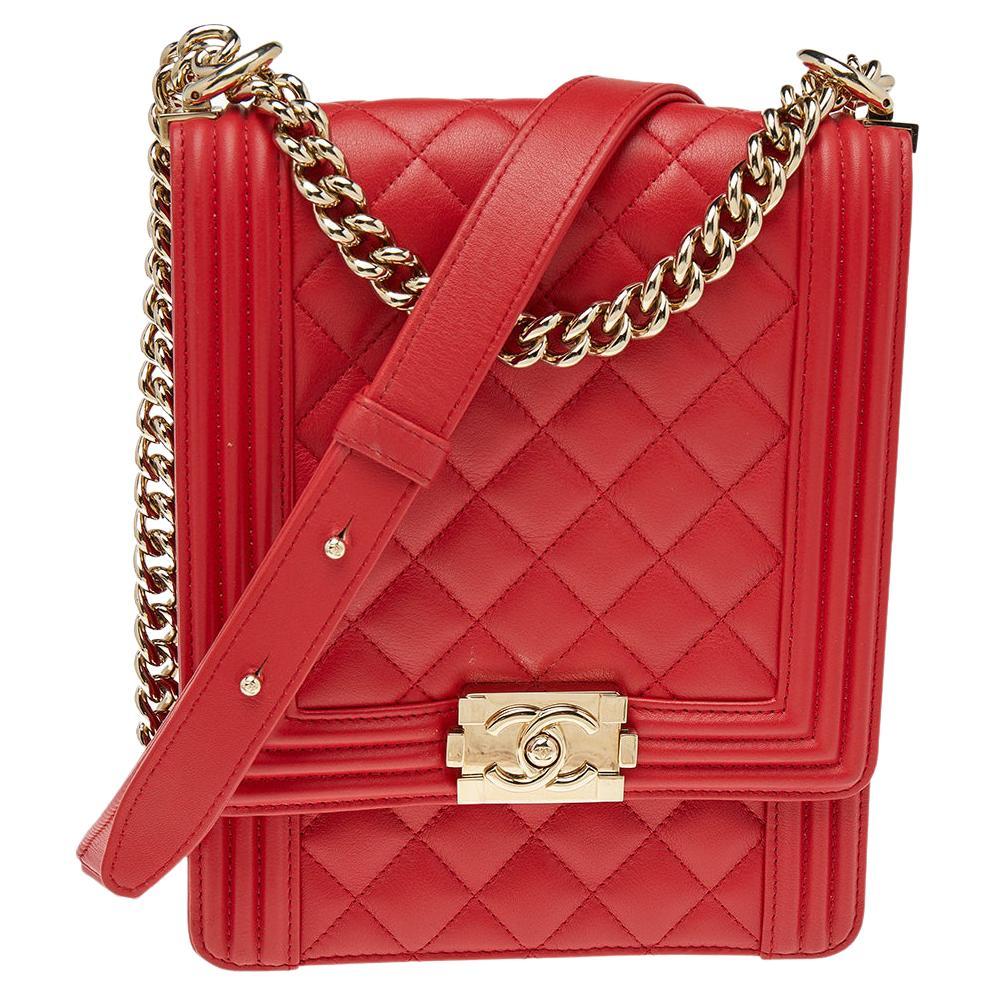 Chanel Red Quilted Leather North South Boy Shoulder Bag