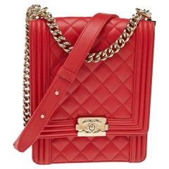 Chanel Red Quilted Leather North South Boy Shoulder Bag