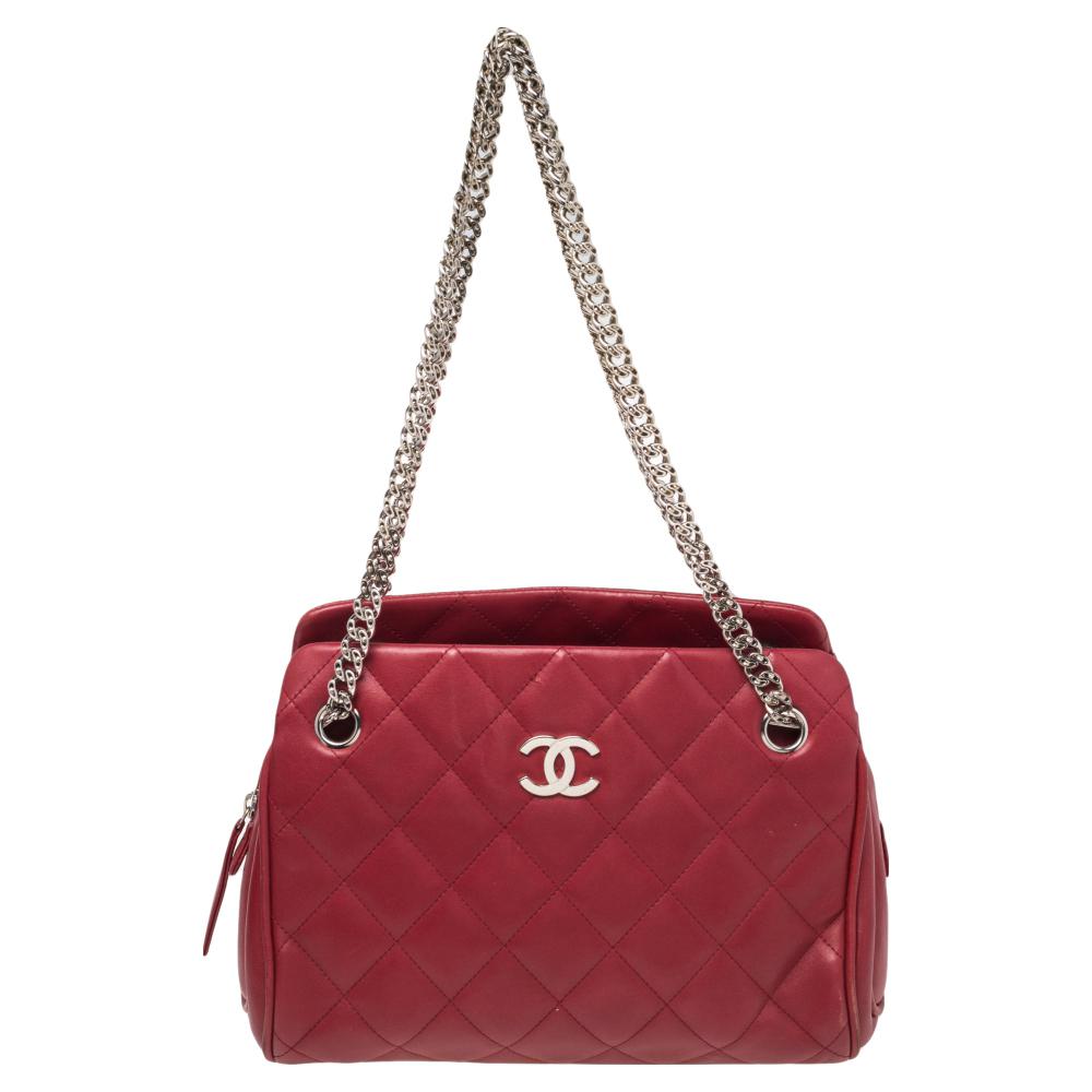 Chanel Red Quilted Leather Small CC Crown Tote