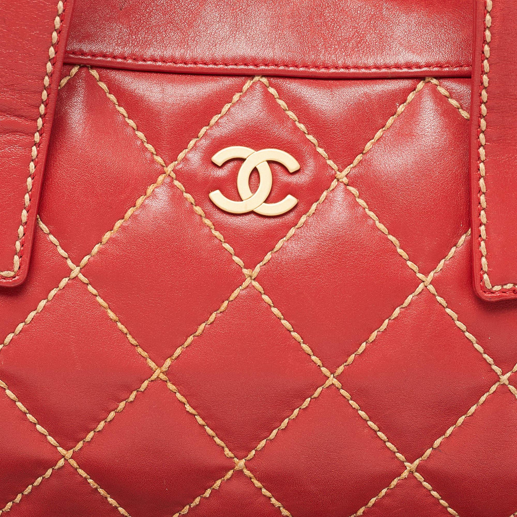 Chanel Red Quilted Leather Surpique Bowler Bag For Sale 9