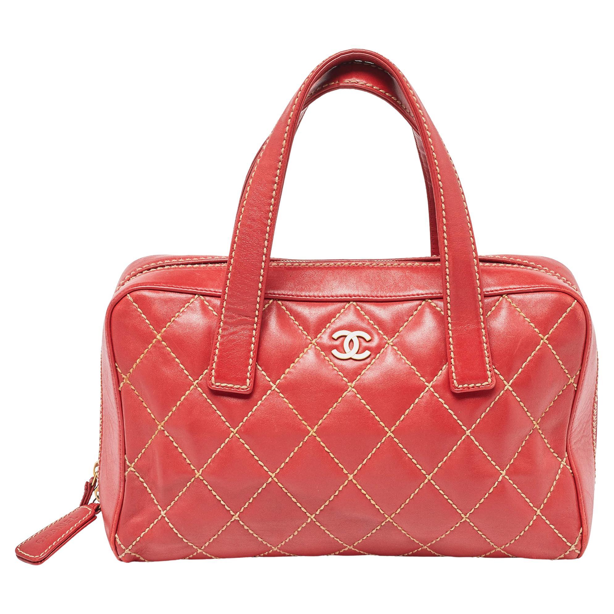 Chanel Red Quilted Leather Surpique Bowler Bag For Sale