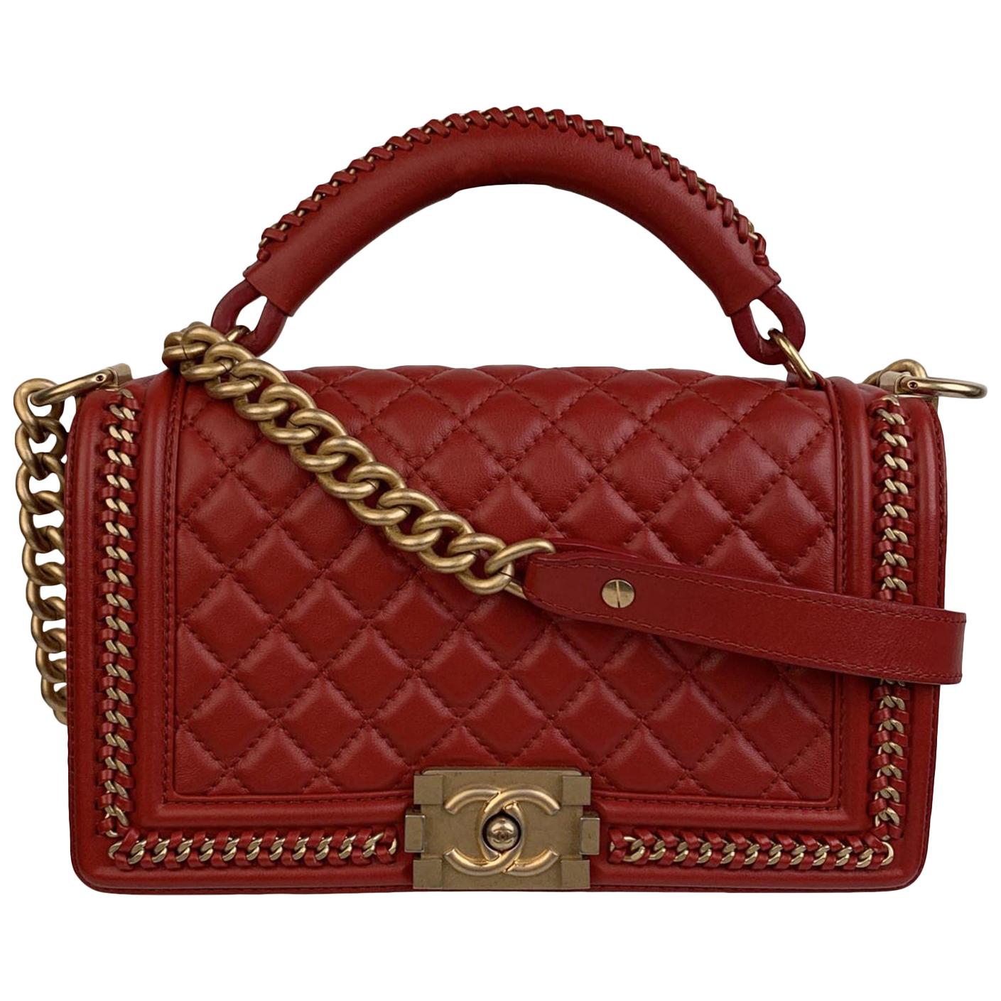 Chanel Red Quilted Leather Top Handle Medium Boy Bag with Chains