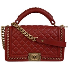 Chanel Red Quilted Leather Top Handle Medium Boy Bag with Chains