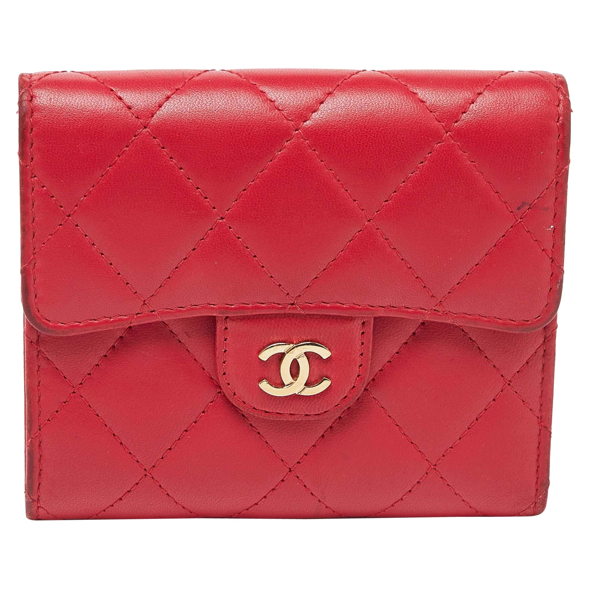 Chanel Red Quilted Leather Trifold CC Wallet