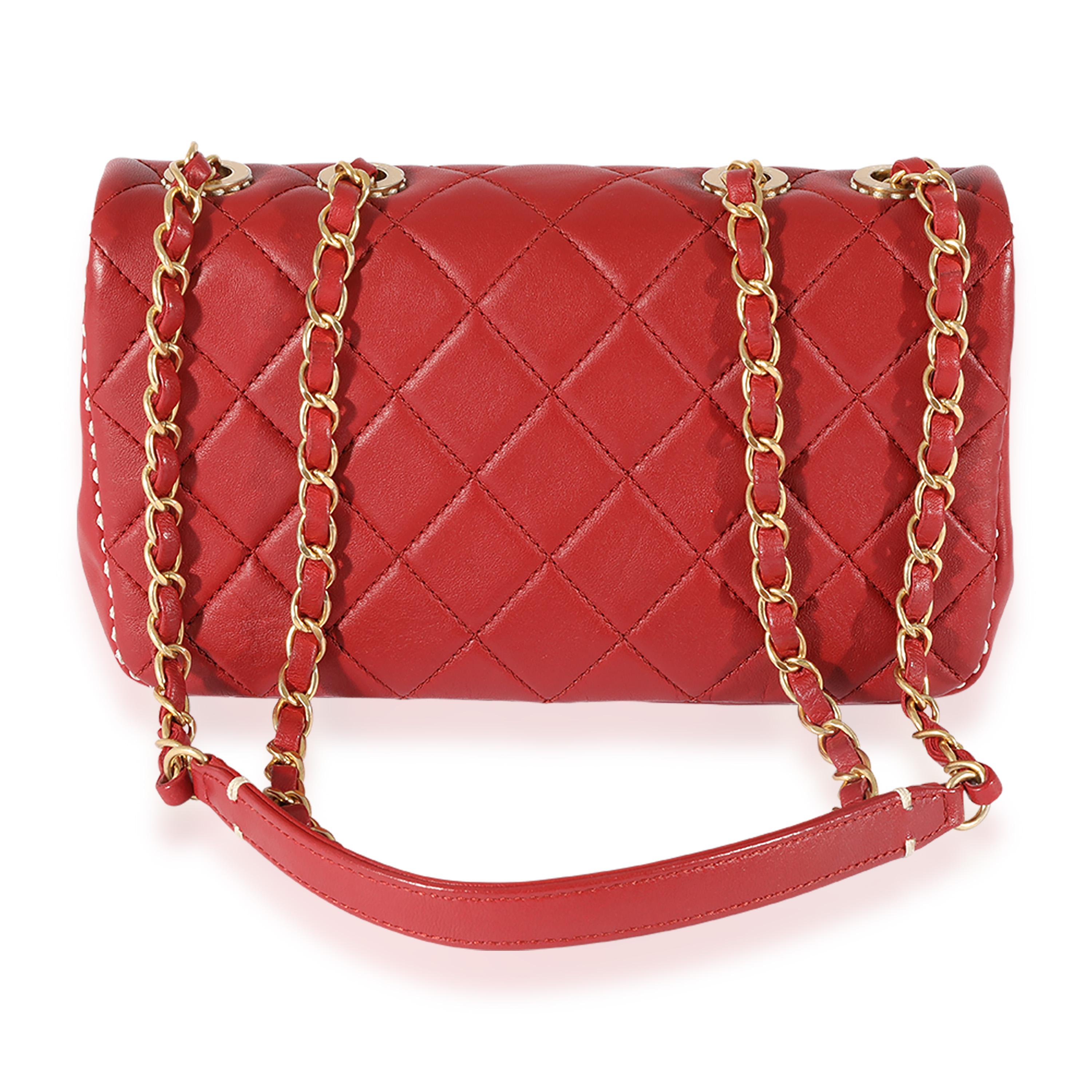 Chanel Red Quilted Leather White Stitch Flap Bag In Excellent Condition In New York, NY