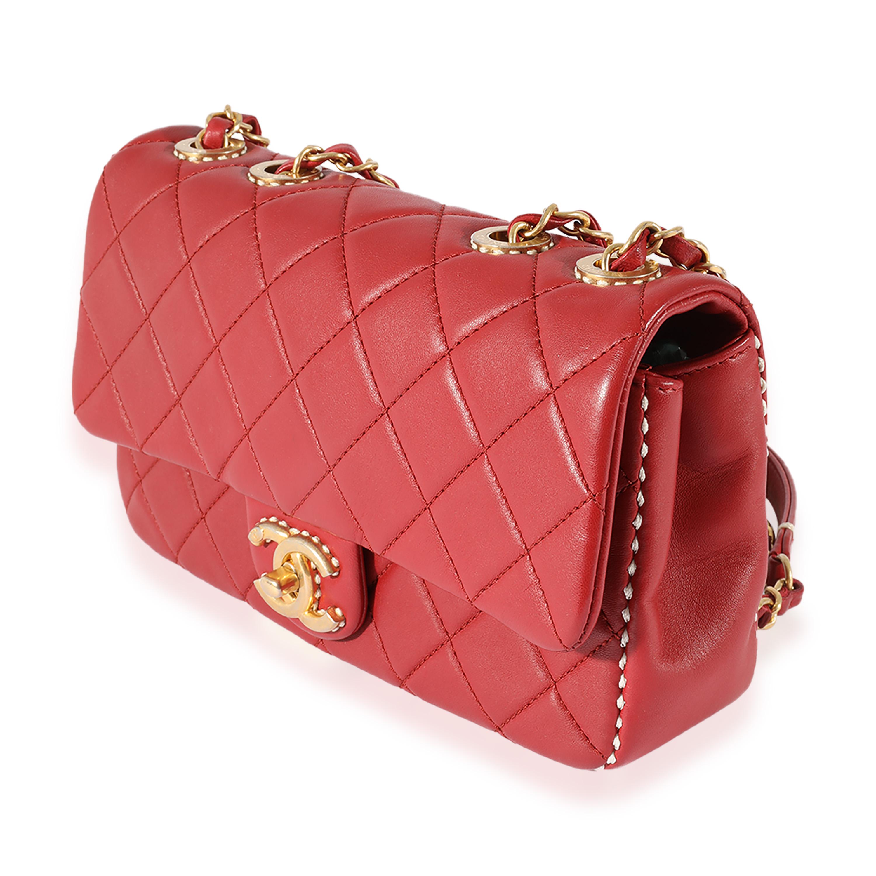 Women's Chanel Red Quilted Leather White Stitch Flap Bag