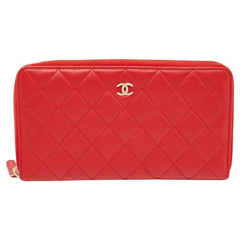 Chanel Red Quilted Leather Zip Around Organizer Wallet For Sale