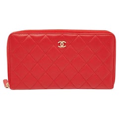 Used Chanel Red Quilted Leather Zip Around Organizer Wallet