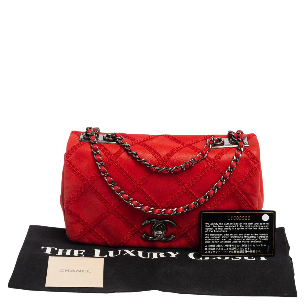 Chanel Red Quilted Nubuck Leather Small Diamond Crochet Stitch Flap Bag 1