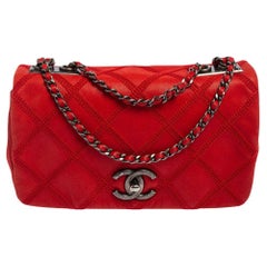 Chanel Red Quilted Nubuck Leather Small Diamond Crochet Stitch Flap Bag