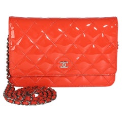 Chanel Red Quilted Patent Classic Wallet On Chain