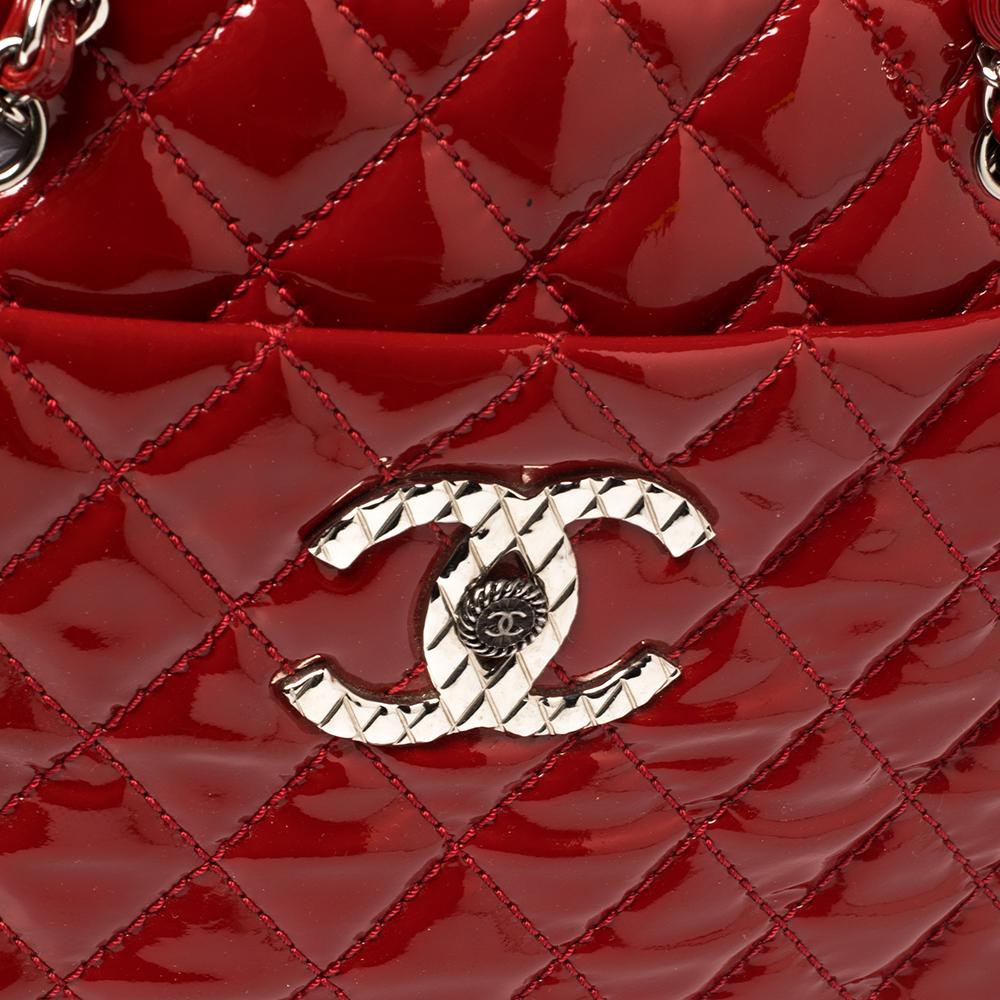 Chanel Red Quilted Patent Leather CC Bowler Bag 7
