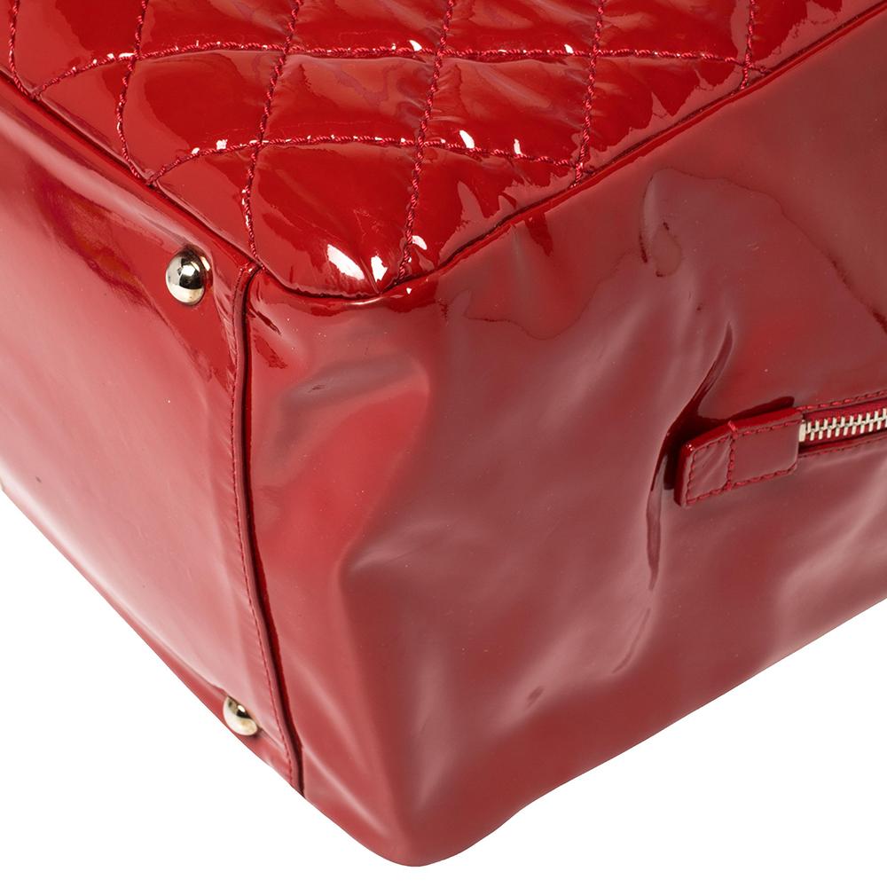 Chanel Red Quilted Patent Leather CC Bowler Bag 9
