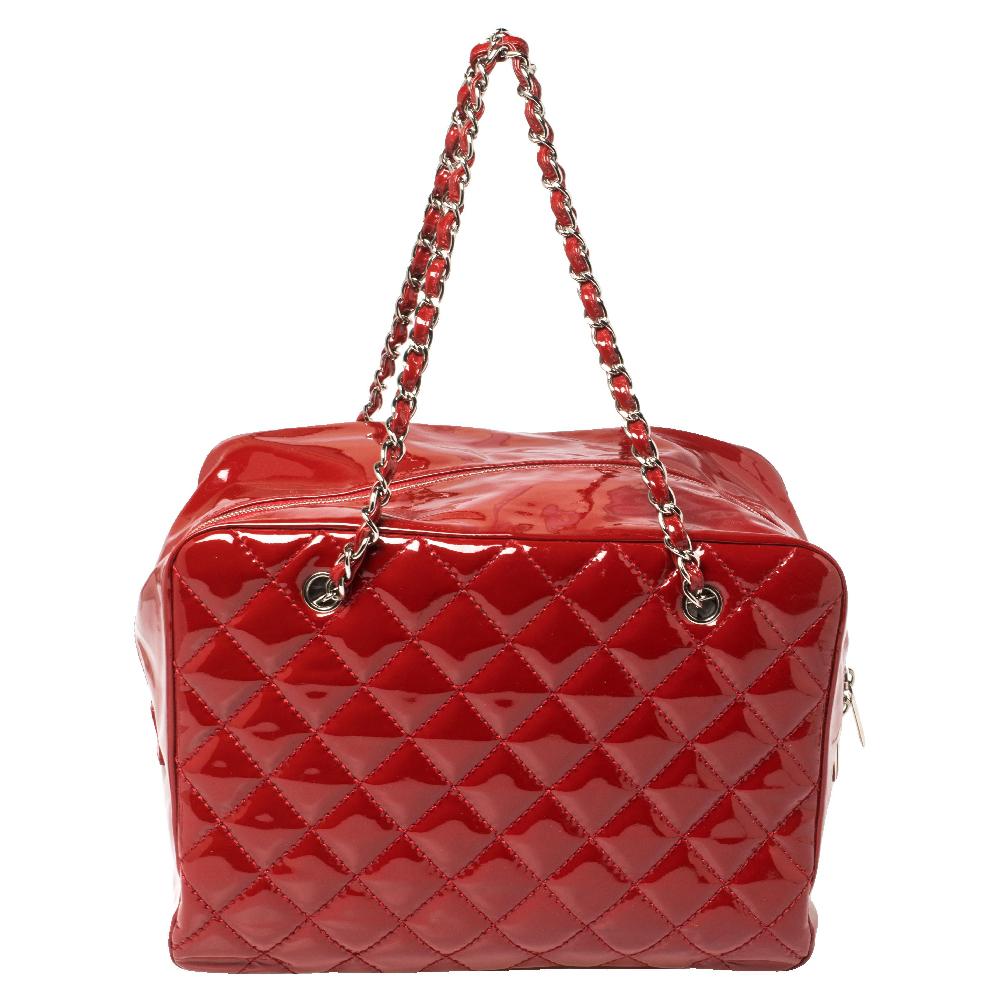 Women's Chanel Red Quilted Patent Leather CC Bowler Bag