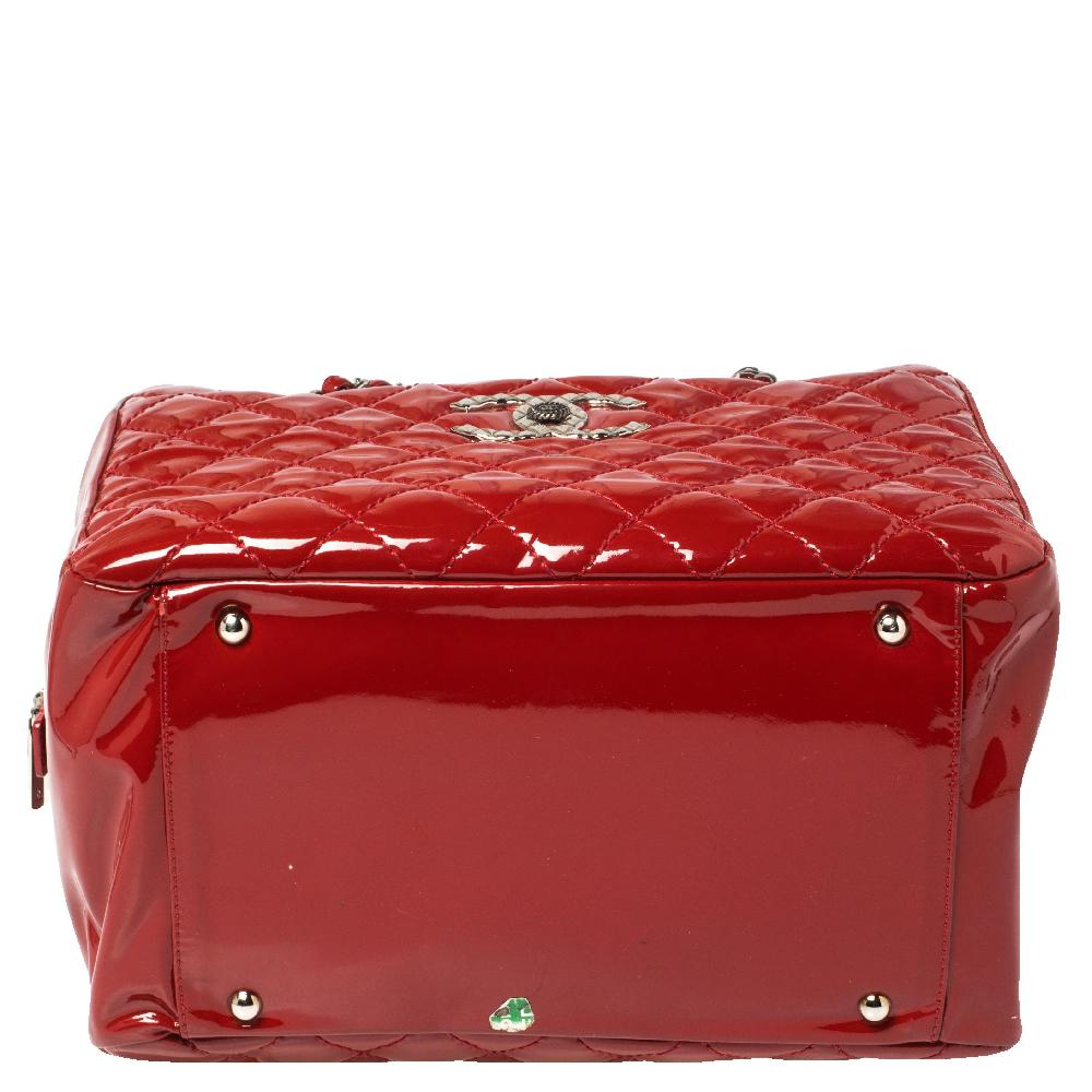Chanel Red Quilted Patent Leather CC Bowler Bag 4