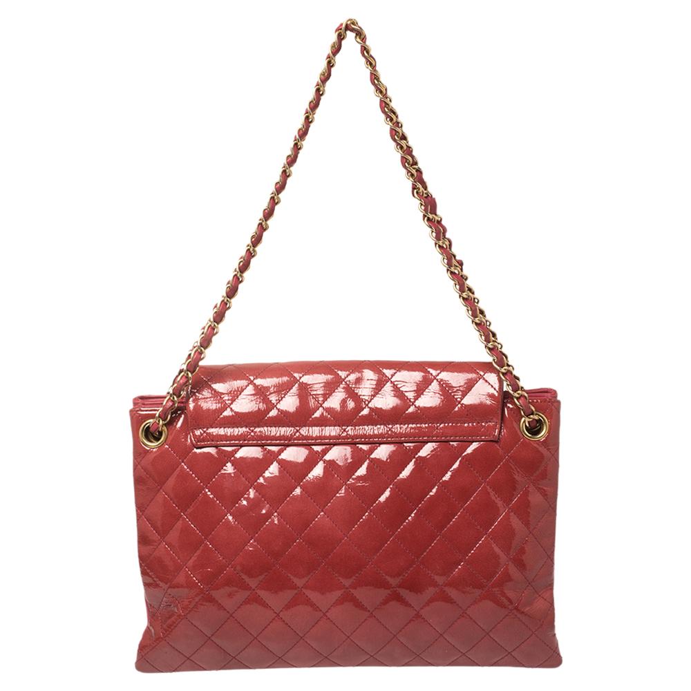 Brown Chanel Red Quilted Patent Leather Envelope Lock 3 Accordion Flap Bag