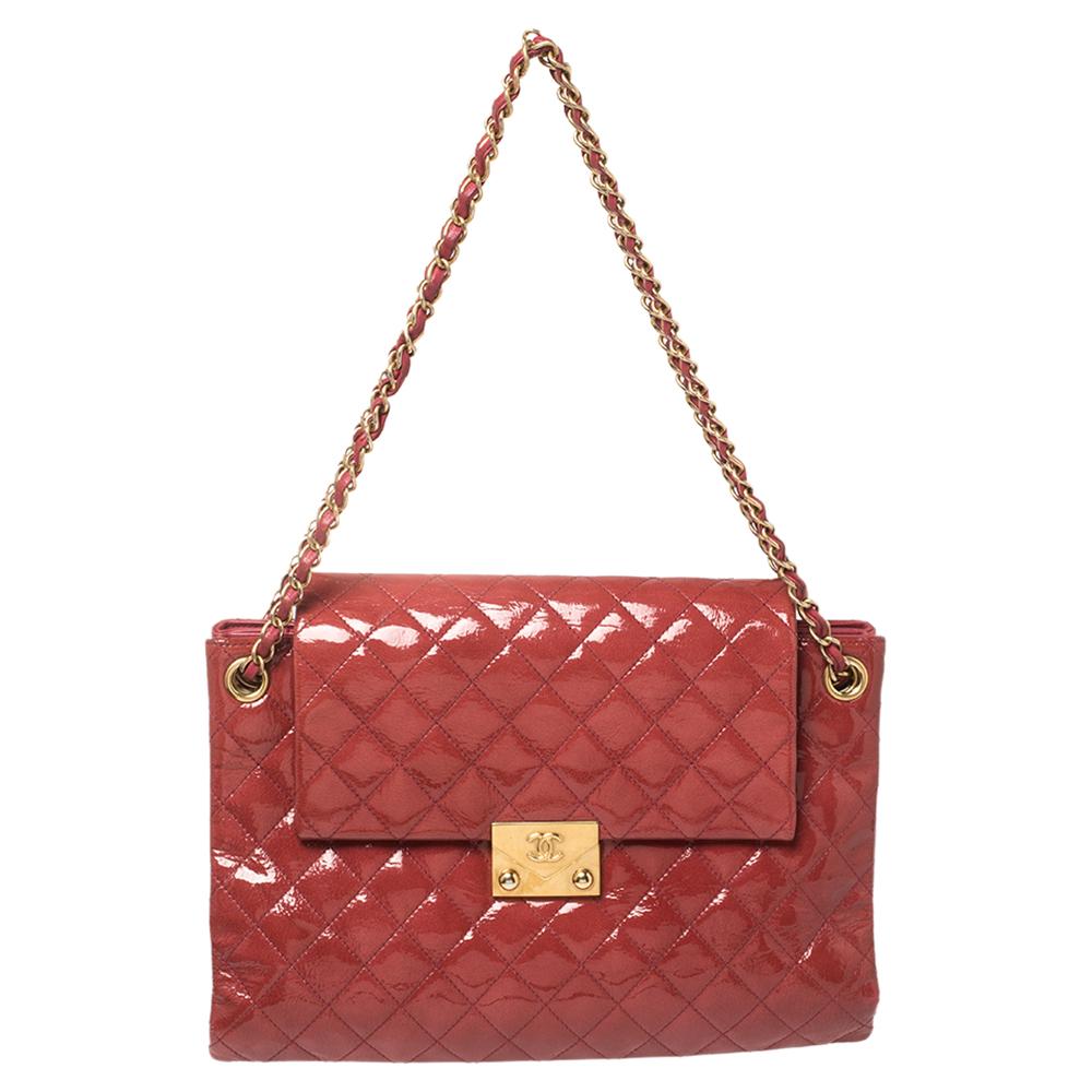 Chanel Red Quilted Patent Leather Envelope Lock 3 Accordion Flap Bag