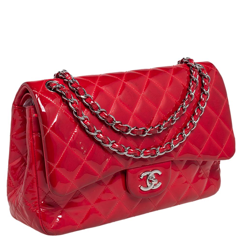 Chanel Red Quilted Patent Leather Jumbo Classic Double Flap Bag In Fair Condition In Dubai, Al Qouz 2