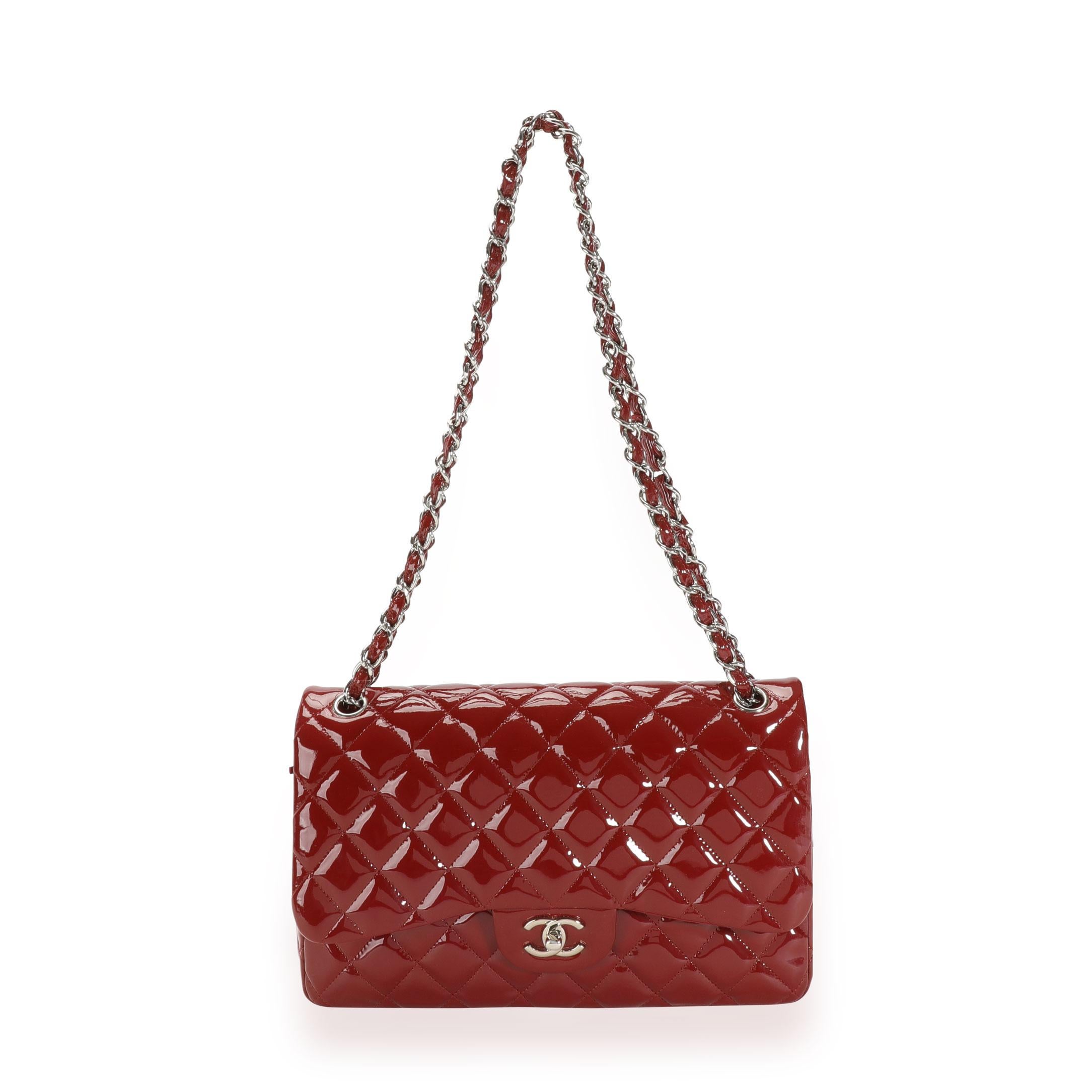Chanel Red Quilted Patent Leather Jumbo Classic Double Flap Bag In Good Condition In New York, NY
