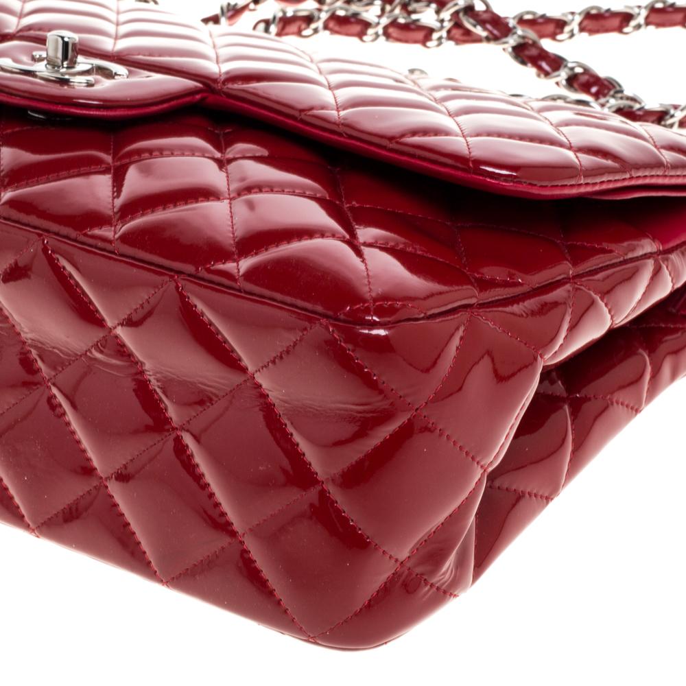 Chanel Red Quilted Patent Leather Jumbo Classic Double Flap Bag 4