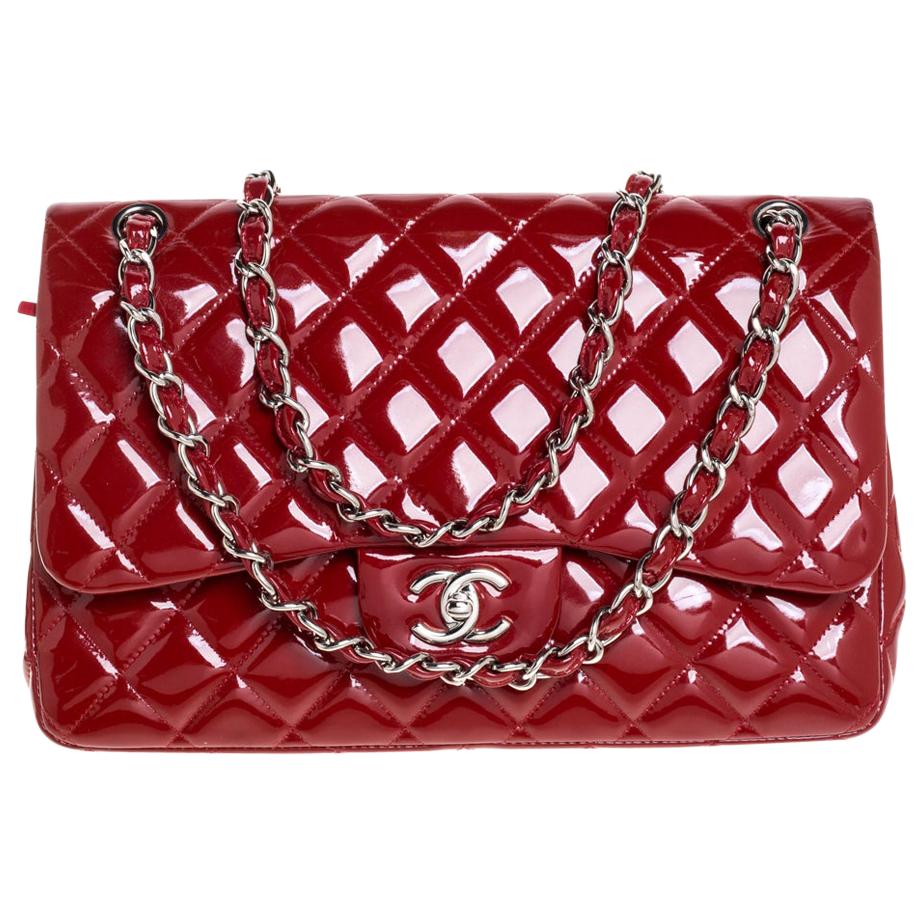 Chanel Red Quilted Patent Leather Jumbo Classic Double Flap Bag