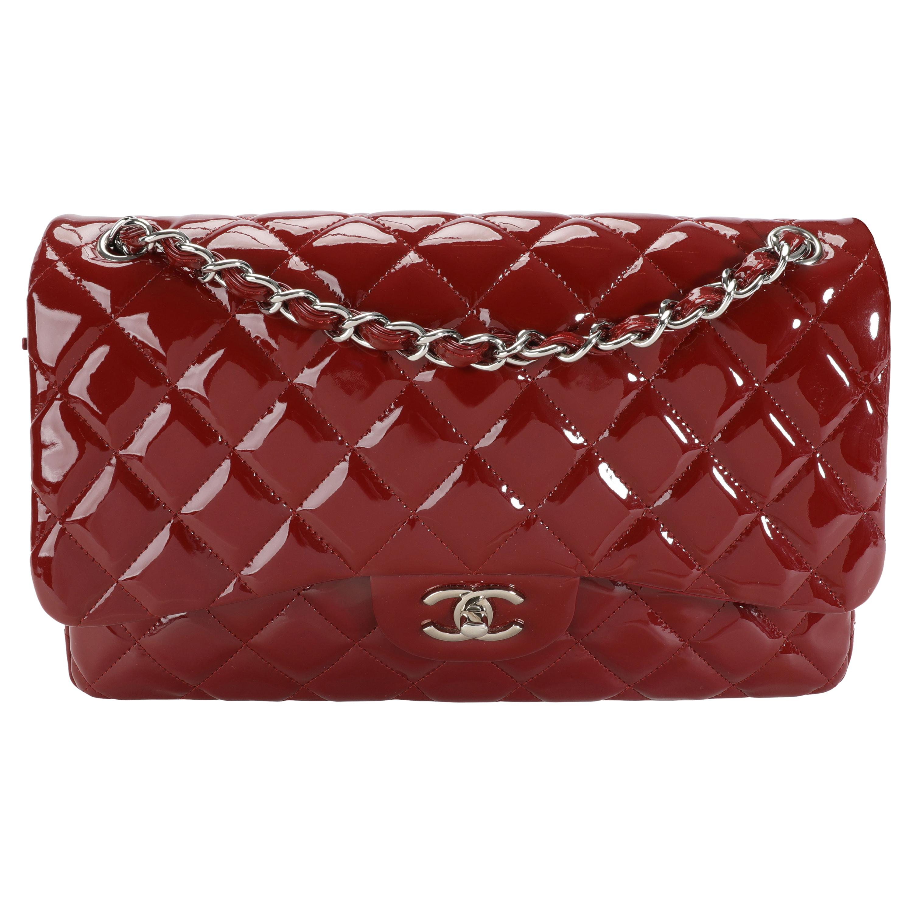 Chanel Red Quilted Patent Leather Jumbo Classic Double Flap Bag