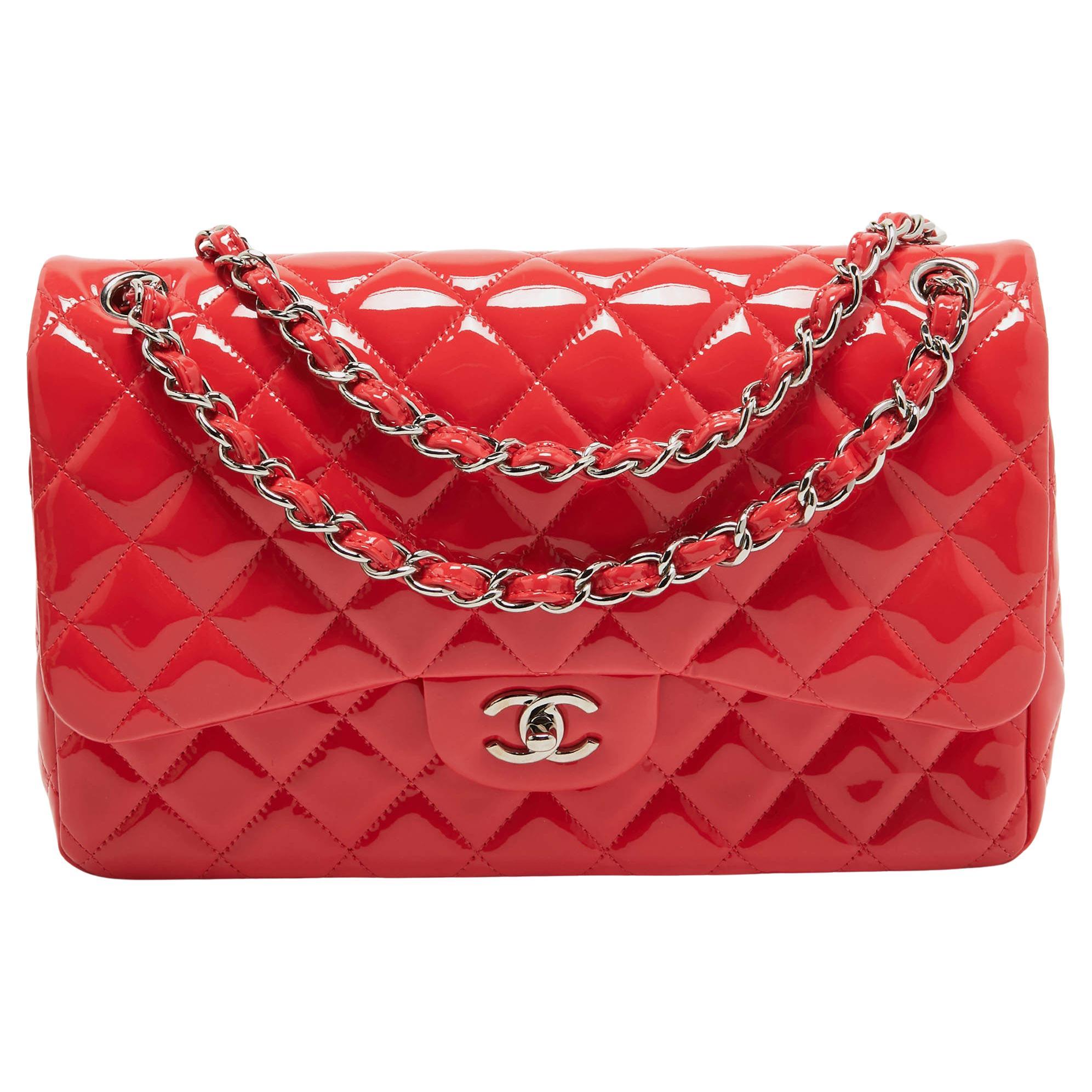 Chanel Red Quilted Patent Leather Jumbo Classic Double Flap Bag For Sale