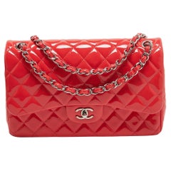 Chanel Red Quilted Patent Leather Jumbo Classic Double Flap Bag